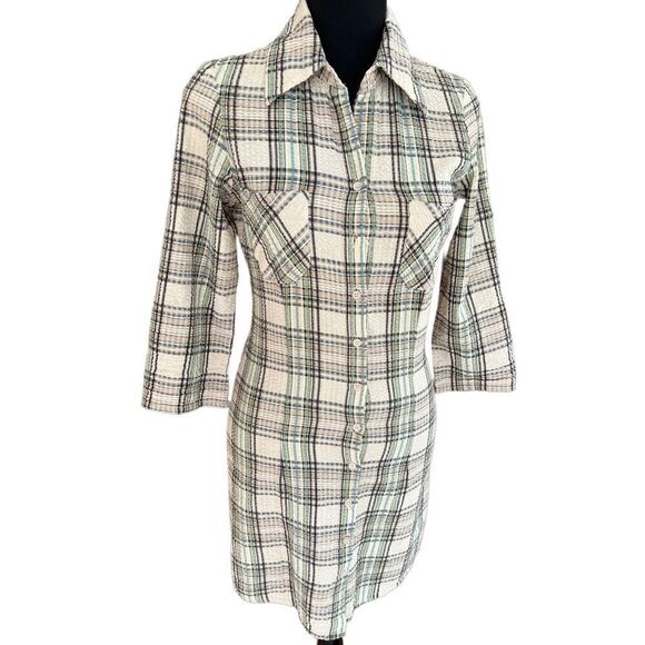 JFW by Just for Wraps plaid button front tab sleeved dress - Picture 1 of 5
